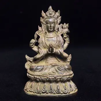 Spot Antique Collection Занаяти Разни месинг Четири ръце Guanyin Малка статуя на Буда Седящ Буда Prop