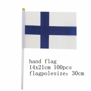 zwjflagshow Финландия Ръчно знаме 14 * 21cm 100pcs полиестер Финландия Малка ръка размахване Флаг с пластмасов пилон за декорация