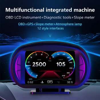 3.5-инчов дисплей за главата на автомобила LCD цифров скоростомер HUD OBD2 + GPS + метър за наклон + атмосферна светлина General Motors Аларма за превишаване на скоростта