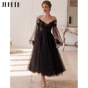 JEHETH Черно рамо A-line абитуриентски бал рокля подпухнали дълъг ръкав елегантна дантела бродерия Vestido де Novia глезена дължина вечерна рокля