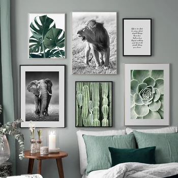 Див лъв слон леопард сукулент растения стена изкуство платно живопис скандинавски плакати и отпечатъци стена снимки за хол