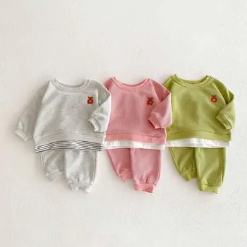 2024 Корея бебешки дрехи комплект 0-3 години новородено момче момиче дълъг ръкав мечка суитчър панталон 2бр вафла модел пролет есен анцуг