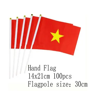 zwjflagshow Виетнам Ръчно знаме 14 * 21cm 100pcs полиестер Виетнам Малка ръка размахване Флаг с пластмасов пилон за декорация