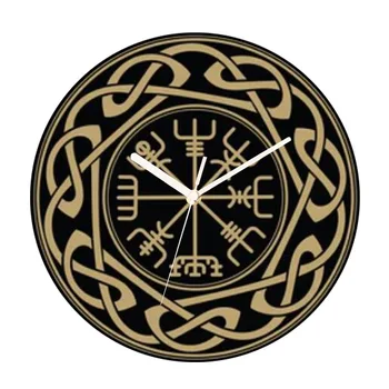 Nordic Mythology Viking Vegvisir Runes Symbol Wall Clock Watch Helm of Awe Icelandic Stave Scandinavian Wall Art Home Decor Gift