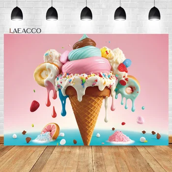 Laeacco Summer Ice Cream Theme Birthday Backdrop Pink Sweet Donut Girls Baby Shower Portrait Персонализиран фон за фотография