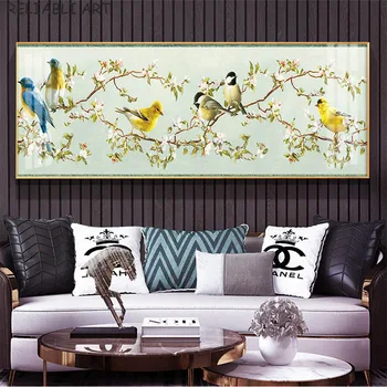 Модерни пейзажни птици, стоящи на главата на цветята Платно живопис печат и плакат стена изкуство за хол декор без рамка