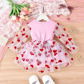 Свети Валентин Детски момиче дълги ръкави рокля случайни сърце печат окото тюл A-линия рокля за малко дете бебе пролетта дрехи