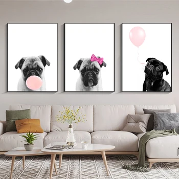 Pink Haba Dog Animal Cub Плакати и отпечатъци Модерно минималистично изкуство Платно Живопис Картини за стена Начало Бар Декорация на стая