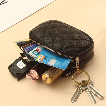 Двойна цип кожа дамски портфейл горния слой телешка ромб ръка монета чанта ключодържател монета чанта съхранение чанта
