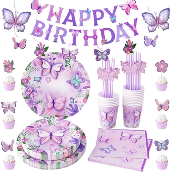 Розова лилава пеперуда за еднократна употреба Хартиена чиния Чаша Салфетка Банер Пеперуда Рожден ден Декор Бебешки душ Сватбен Supp