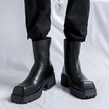 Британски стил мъжки ботуши черен прилив платформа обувки етап нощен клуб рокли каубой оригинална кожа обувка квадратни пръсти челси botas