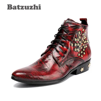 Batzuzhi есен зима мъжки ботуши топла мода заострени пръсти кожени ботуши мъже вино червени токчета със звезди Сапатос Hombre, EU38-46