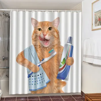 Funny Cute Cat Shower Curtain 3D Print Животински пейзаж Завеси за баня Водоустойчив полиестерен плат Декорация на фона на дома