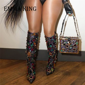 Дамски луксозни скъпоценни камъни украсени ботуши до коляното Секси заострени пръсти Stiletto Heel Botines Mujer Секси дамски модни парти обувки