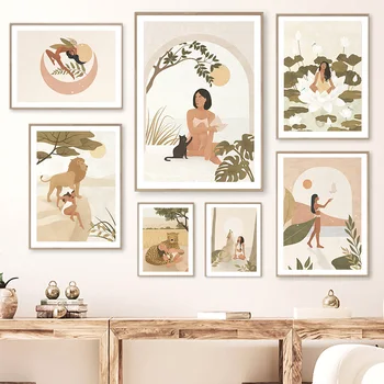 Минималистична жена богиня леопард женски бохо плакати платно картини стена изкуство печат картина хол интериор дома декор
