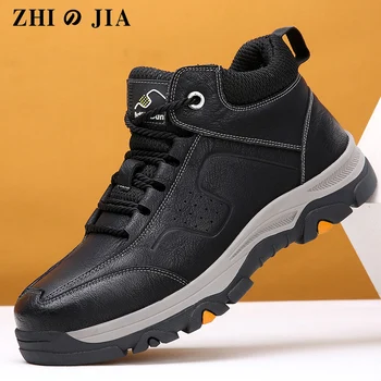 2023 Мъжки ботуши Кожени водоустойчиви обувки Мъжки зимни обувки Черна платформа маратонки Мъжка кожа за безопасност на обувките поддържа топли ботуши за сняг