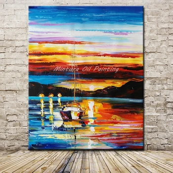  Arthyx, дебела текстура лодка пейзаж живопис с маслени бои върху платно, ръчно изработени модерни абстрактни стена изкуство, снимки за хол, домашен декор