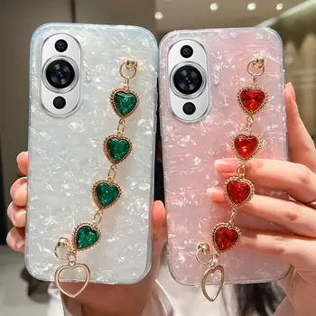 Луксозен диамантен калъф за телефон с диамантена гривна за Huawei Nova 11 Case Glitter Heart On Nova 11 Pro Strap Cover Capa Nova11 pro