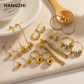 HangZhi неръждаема стомана топка пискюл Huggie обръч обеци модерен за жени Daily златен цвят минималистични бижута 2023 Ново IN