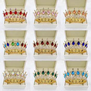 бароков кралски кралски корони златен кристал кръгла корона кристална диадема булка лента за глава сватбени аксесоари за коса