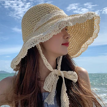 Нова лятна модна сламена шапка жени сгъваема широка голяма периферия плажна шапка за слънце Chapeau Femme UV защитна капачка 여름모자 Gorras