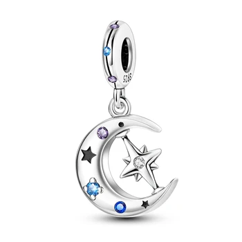 Модерен 925 стерлинги сребро синьо лилаво паве & Луната & въртящи се звезди чар годни Пандора гривна Жените DIY бутик бижутер