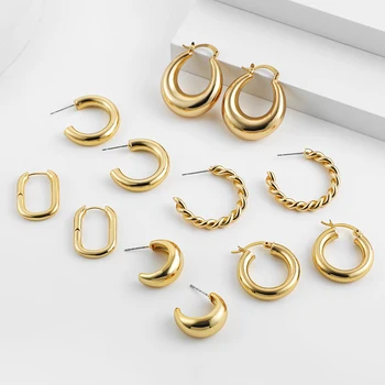 Нов модерен гладък метал геометрични буци кръг обръч обеци за жени злато цвят обрат кръг обеци от неръждаема стомана