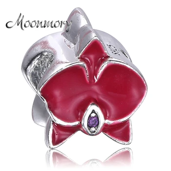 Moonmory Orchid Silver Charm с лилаво кубично и червено емайл Сребърно мънисто, изработено от стерлингово сребро, подходящо за марка змийска гривна