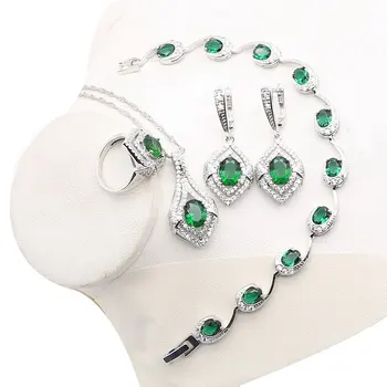 Green Emerald 925 Сребърни бижута за жена Капка обеци комплект висулки пръстен гривни гривни сватбено тържество бижу