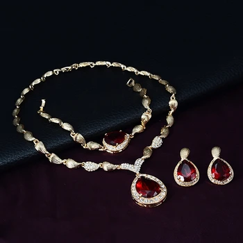 Сватбени булчински бижута комплект червен скъпоценен камък висулка огърлица обица гривна пръстен