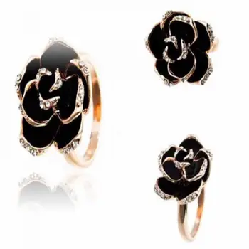 Ница кристал мода злато регулируема роза цвете пръстен черен