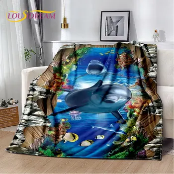 3D Илюзия за морско дъно Подводен свят Делфин риба плюшено одеяло, фланелено одеяло за хвърляне на одеяло за хол спалня легла диван