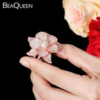 BeaQueen луксозна марка кубичен циркон голямо цвете Дубай нигерийски булчински изявление пръст пръстен за жени розово злато цвят бижута R068