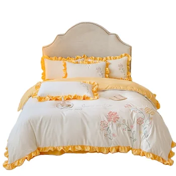 2023 Нова миеща се кожа приятелски памук бродерия принцеса стил четири части комплект спалня спално бельо комплект кралица размер