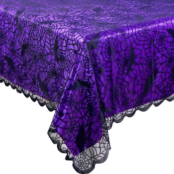 Хелоуин покривка за маса правоъгълна полиестерна черна дантела & лилава облицована покривка за паяжина за маса за страшен декор на маса