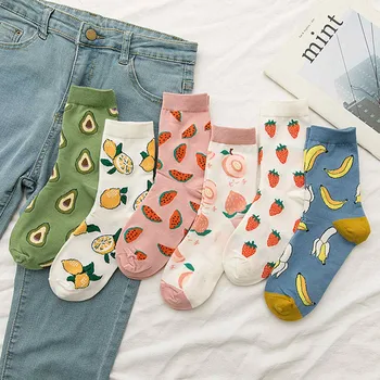 6 чифта дамски чорапи Harajuku сладък банан / авокадо / ананас новост чорапи жени Kawaii плодове чорапи смешно Calcetines Mujer