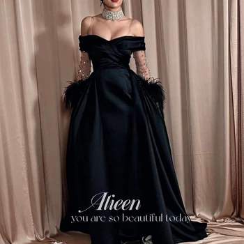 Aileen парти рокля парти вечер елегантен лукс знаменитост кристални ръкави перо сатен линия черни рокли за бала рокля 2023
