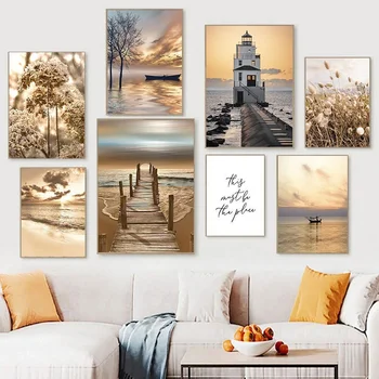 Nordic Art Canvas Painting Seascape Reed Grass Tree Bridge Boat Poster Home Living Room Sofa Background Wall Picture Decoration