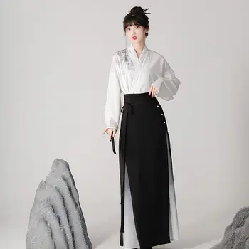 Yourqipao китайски стил мастило живопис ханфу рокля костюм кръст яка блуза черна перла кон лицето пола оригинална подобрена рокля