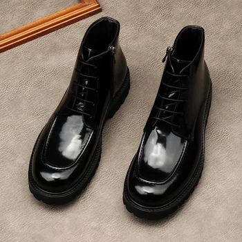 Луксозни лачени мъжки черни ботуши класически естествена кожа дизайнер платформа елегантен зимата топло глезена бизнес обувки мъж