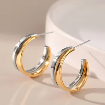 Контрастен цветен дизайн Американско злато и сребро Двоен цвят Кръстосани персонализирани метални текстури Модерни обеци за жени