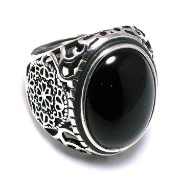 Реална солидна 925 стерлинги сребро черен пръстен мъже реколта кухи цветя пръстени отворени естествени оникс камък голям овална форма мъжки бижута