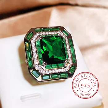 Нова имитация изумруден турмалин отваряне пръстен за жени 925 Сребърен луксозен принцеса площад пълен диамантен пръстен парти бижута подарък