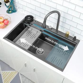 нов черен Nano 304 неръждаема стомана водопад кухненска мивка голям единичен слот мивка с многофункционален докосване водопад фос