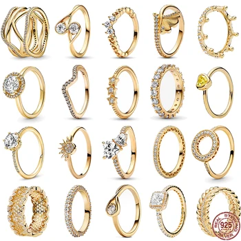 Hot продажба 925 стерлинги сребро класически златен цвят серия пръстен ослепителен корона сърце форма пръстен чар мода парти подарък