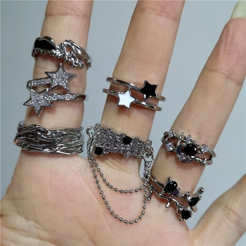 New Kpop тенденция готически естетически циркон кристал звезда двоен слой пръстен за жени момичета бижута Y2K EMO мода гръндж аксесоари