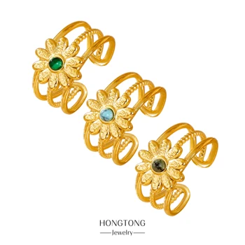 HONGTONG слънце цвете злато пръстен мода скъпоценен камък пръстен мода неръждаема стомана пръстен дамски бижута подарък банкет