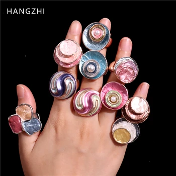 HangZhi бохемски еластични въжета цвете пръстени за жени емайл геометрична перла сватба регулируеми буци големи реколта бижута