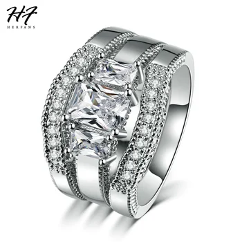 Нова мода площад нарязани кубичен цирконий бяло злато цвят 3 парчета пръстен комплекти луксозни годежни пръстени за жени R645