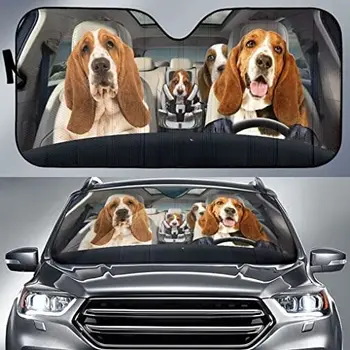 Four Basset Hounds Family Driving Car Sunshade for Dog Lovers, Basset Hound Family Sunshade for Car Windshield, Uv Protector Fro
